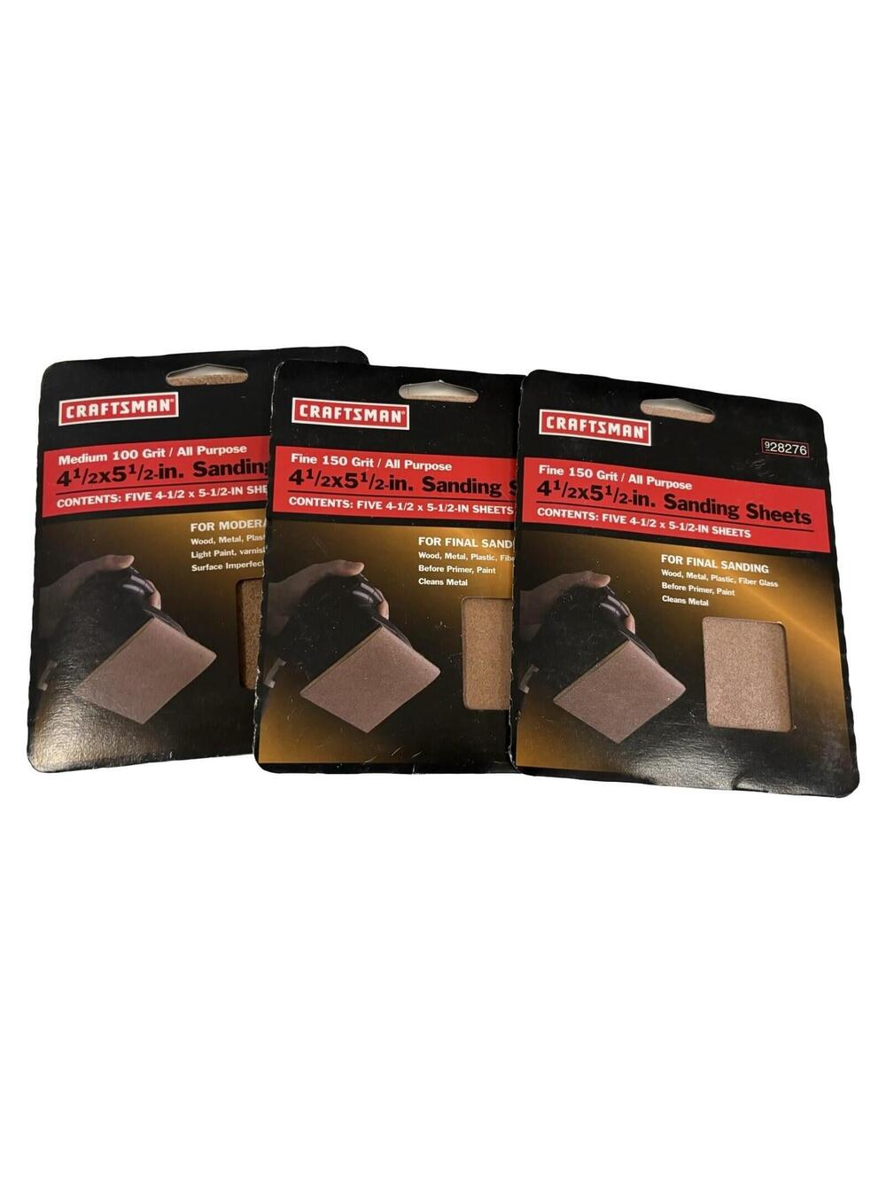 Craftsman Lot of 3 928821 Fine 150 Grit Adhesive Backed Sanding Sheets 4½x4½-in